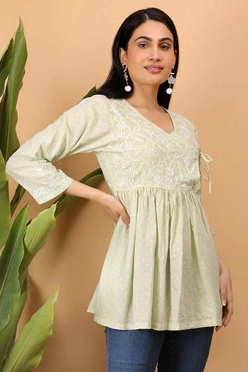 Shwet Women Cyan Green Chikankari Angarkha Top - Image 5