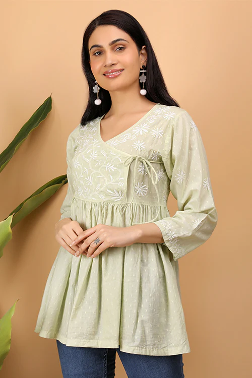 Shwet Women Cyan Green Chikankari Angarkha Top - Image 6