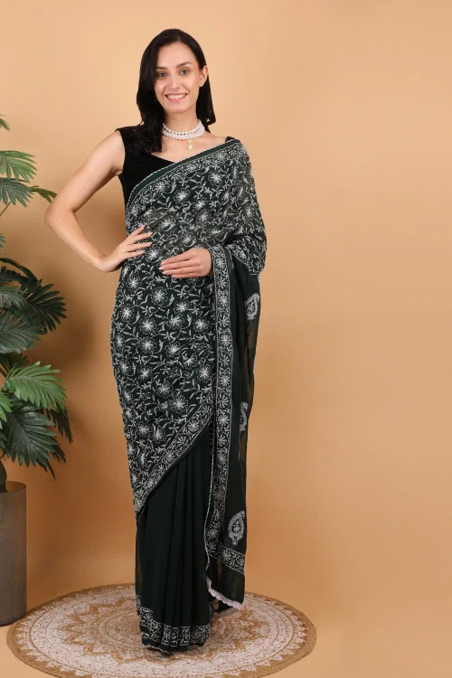 Shwet Women Dark Green Hand Embroidered Chikankari Georgette Saree - Image 3