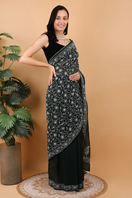 Shwet Women Dark Green Hand Embroidered Chikankari Georgette Saree - Image 5