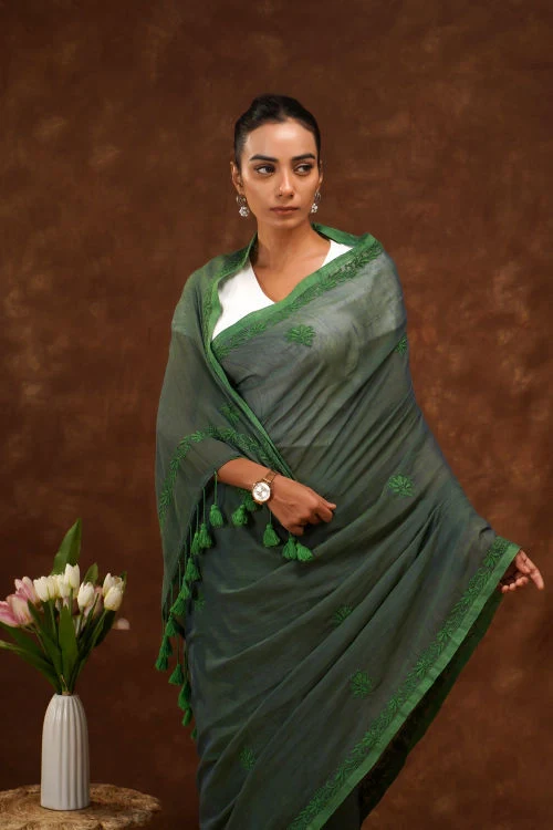Shwet Women Dark Green Hand Embroidered Chikankari Mulmul Saree - Image 6