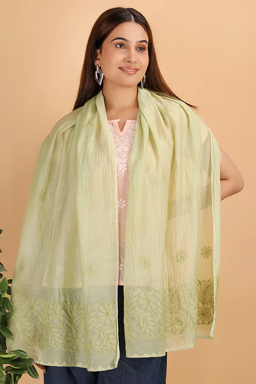 Shwet Women Green Chikankari Chanderi Stole - Image 3