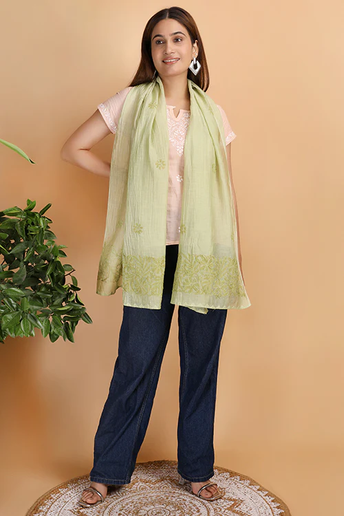 Shwet Women Green Chikankari Chanderi Stole - Image 4
