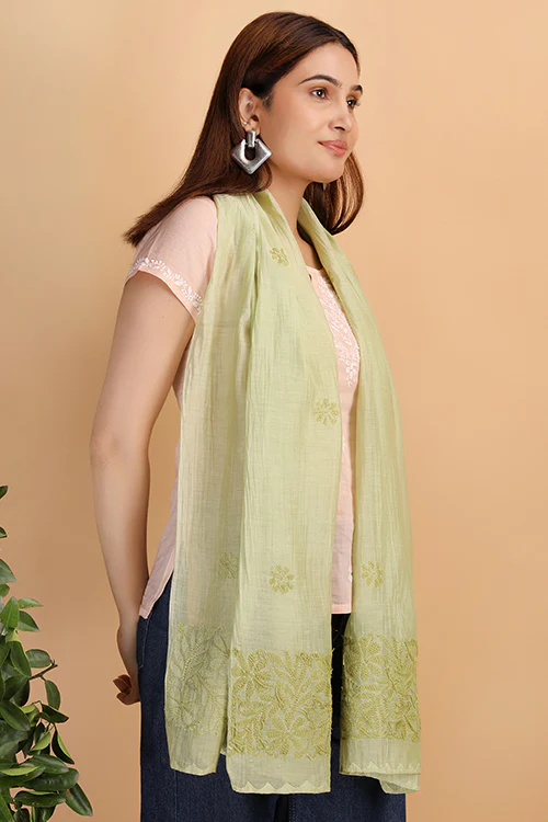 Shwet Women Green Chikankari Chanderi Stole - Image 5