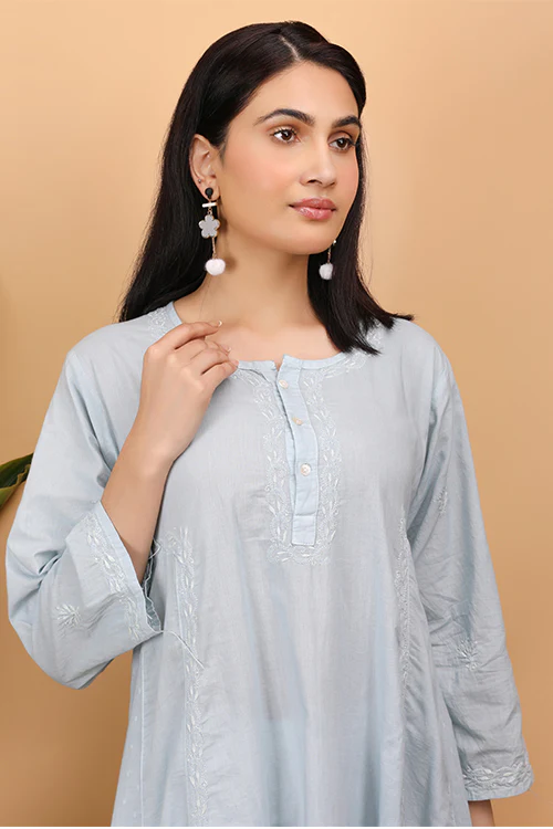 Shwet Women Grey Chikankari Kali Kurti - Image 2