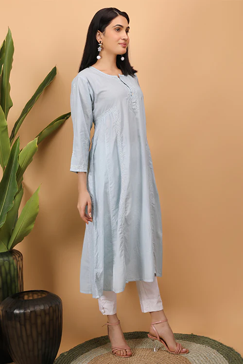 Shwet Women Grey Chikankari Kali Kurti - Image 3
