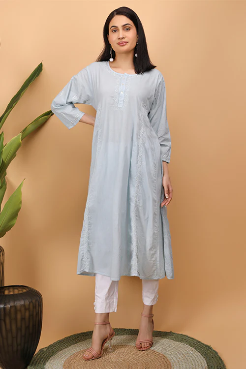 Shwet Women Grey Chikankari Kali Kurti - Image 4