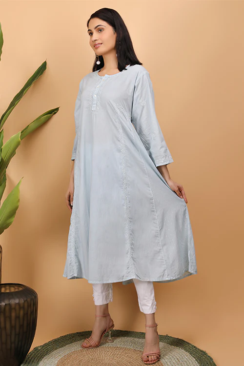 Shwet Women Grey Chikankari Kali Kurti - Image 5