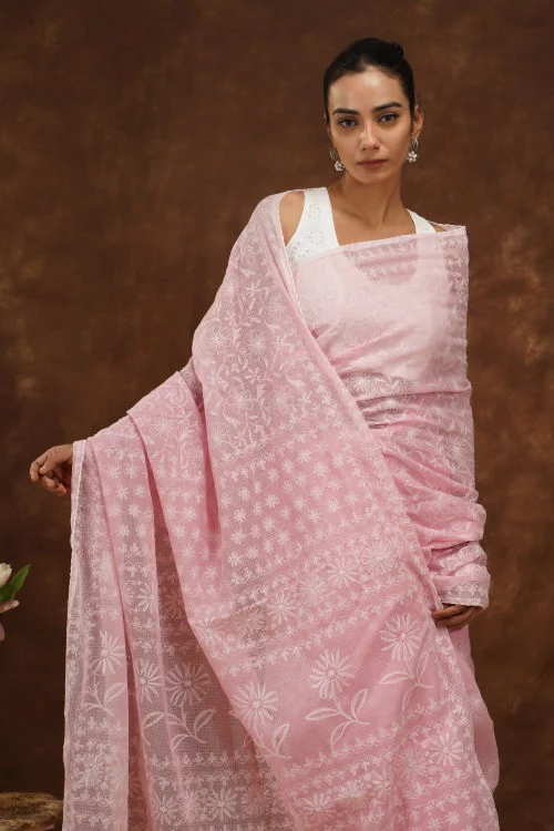 Shwet Women Hand Embroidered Baby Pink Kota Cotton Chikankari Saree - Image 2
