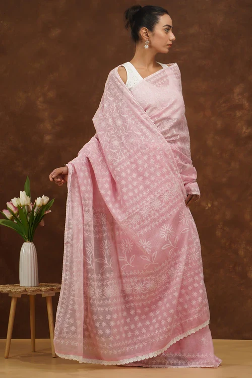 Shwet Women Hand Embroidered Baby Pink Kota Cotton Chikankari Saree - Image 3
