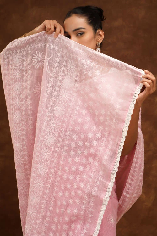 Shwet Women Hand Embroidered Baby Pink Kota Cotton Chikankari Saree - Image 5