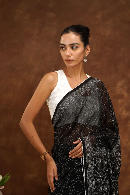 Shwet Women Hand Embroidered Black Georgette Chikankari Saree - Image 2