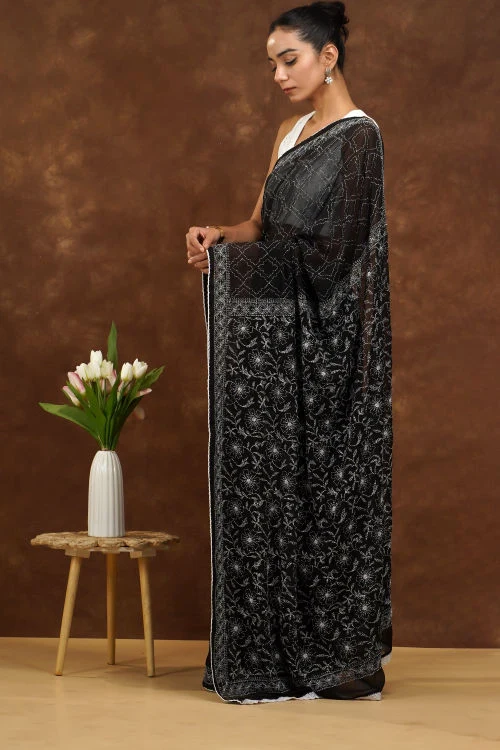 Shwet Women Hand Embroidered Black Georgette Chikankari Saree - Image 4