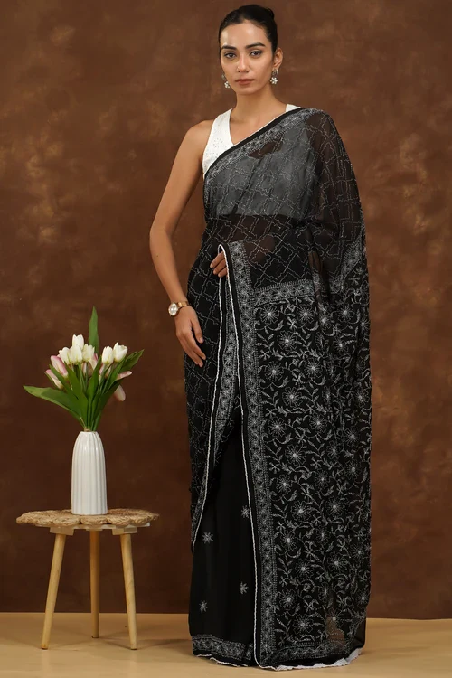 Shwet Women Hand Embroidered Black Georgette Chikankari Saree - Image 5