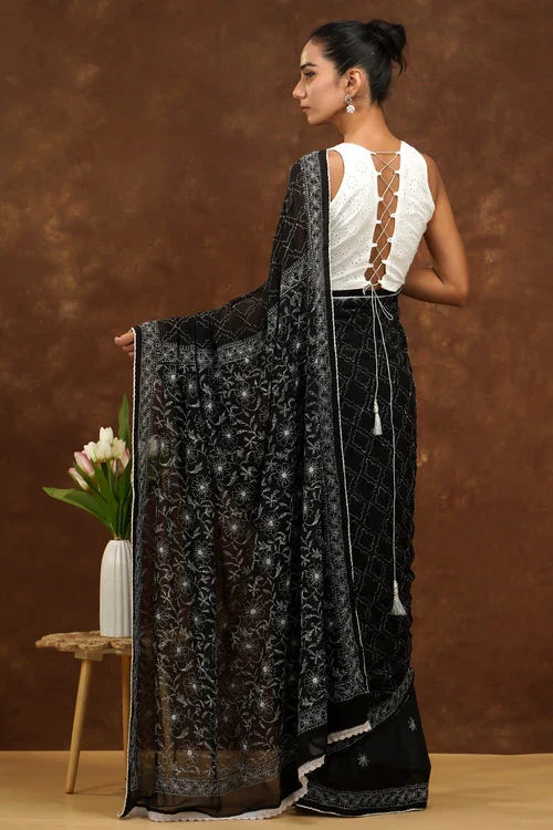 Shwet Women Hand Embroidered Black Georgette Chikankari Saree - Image 6