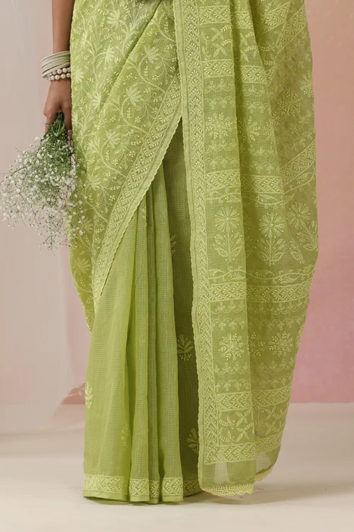 Shwet Women Hand Embroidered Green Kota Cotton Chiknakari Saree - Image 2