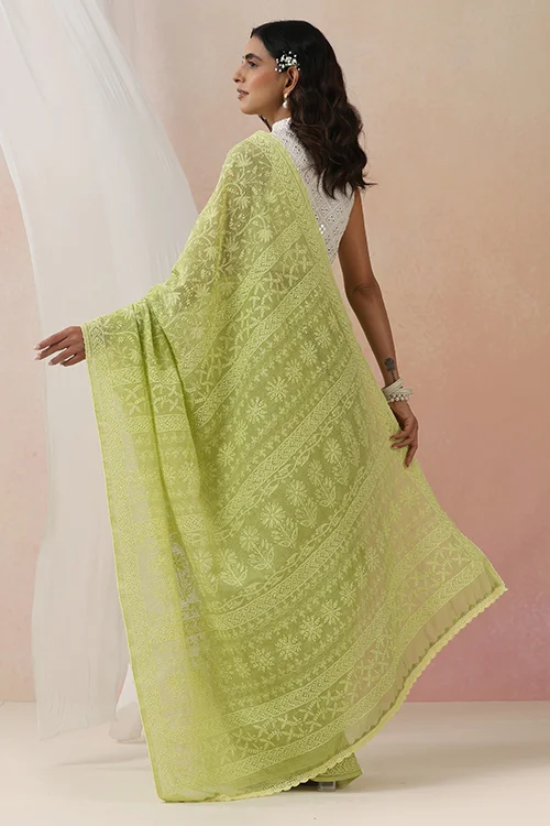 Shwet Women Hand Embroidered Green Kota Cotton Chiknakari Saree - Image 3