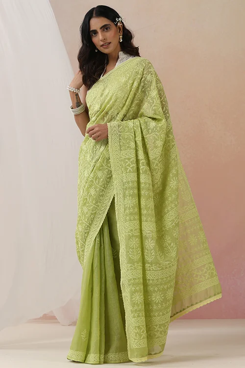 Shwet Women Hand Embroidered Green Kota Cotton Chiknakari Saree - Image 7