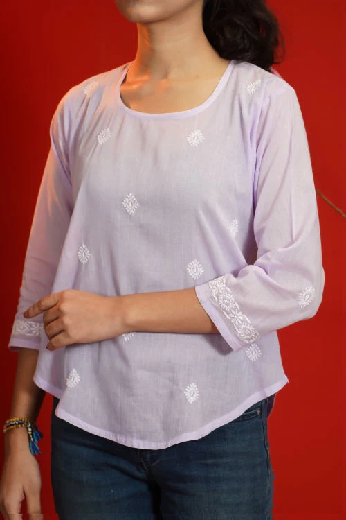 Shwet Women Hand Embroidered "Pastel Poise" Lavendar Short Top