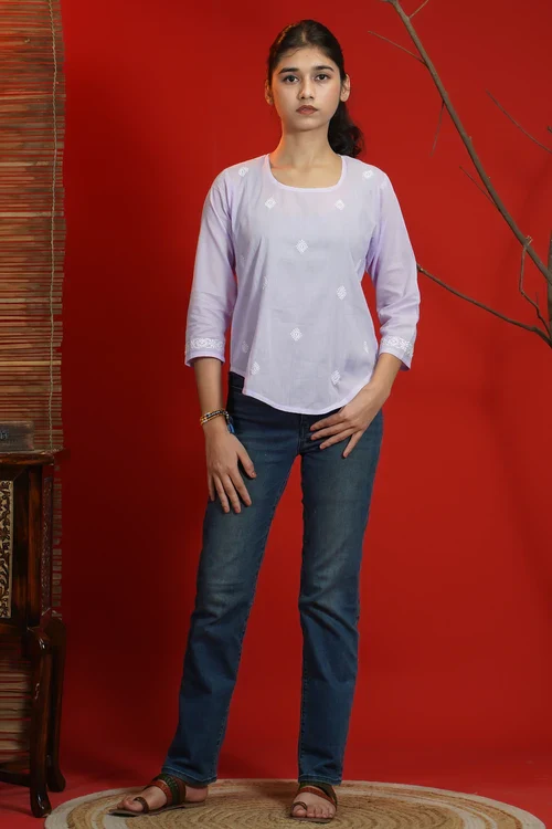 Shwet Women Hand Embroidered "Pastel Poise" Lavendar Short Top - Image 6