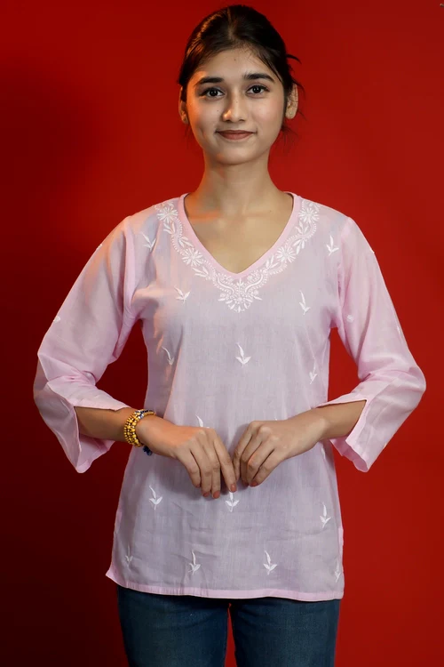 Shwet Women Hand Embroidered "Pastel Poise" Pink Mulmul Short Top