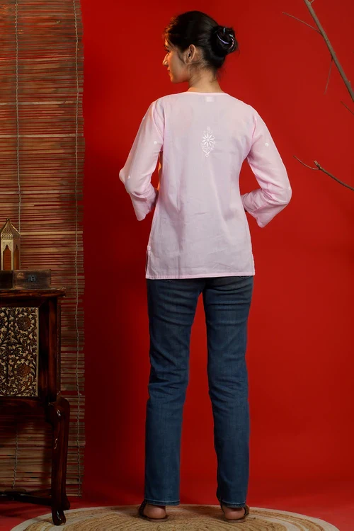 Shwet Women Hand Embroidered "Pastel Poise" Pink Mulmul Short Top - Image 6