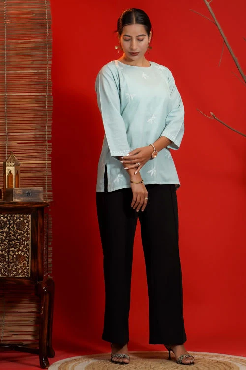 Shwet  Women Hand Embroidered "Pastel Poise" Teal Short Top - Image 2