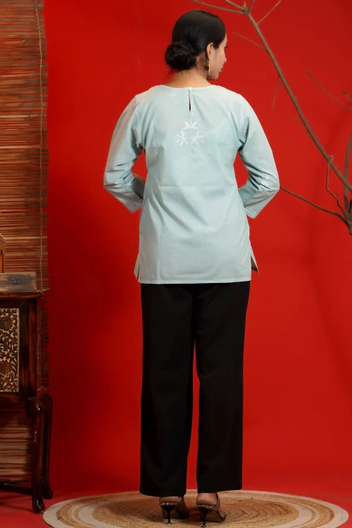 Shwet  Women Hand Embroidered "Pastel Poise" Teal Short Top - Image 4