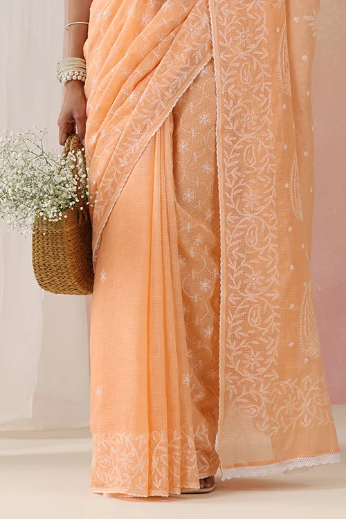 Shwet Women Hand Embroidered Peach Kota Cotton Chikankari Saree - Image 2