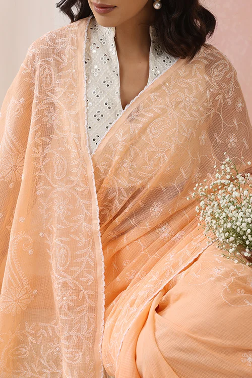 Shwet Women Hand Embroidered Peach Kota Cotton Chikankari Saree - Image 4