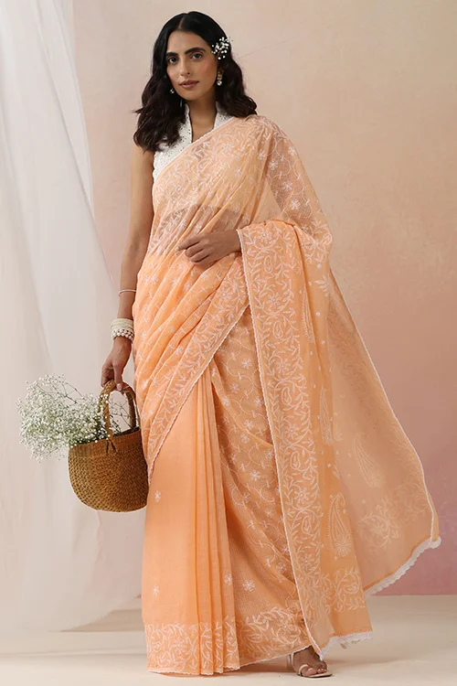 Shwet Women Hand Embroidered Peach Kota Cotton Chikankari Saree - Image 5