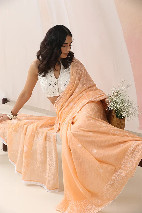 Shwet Women Hand Embroidered Peach Kota Cotton Chikankari Saree - Image 7