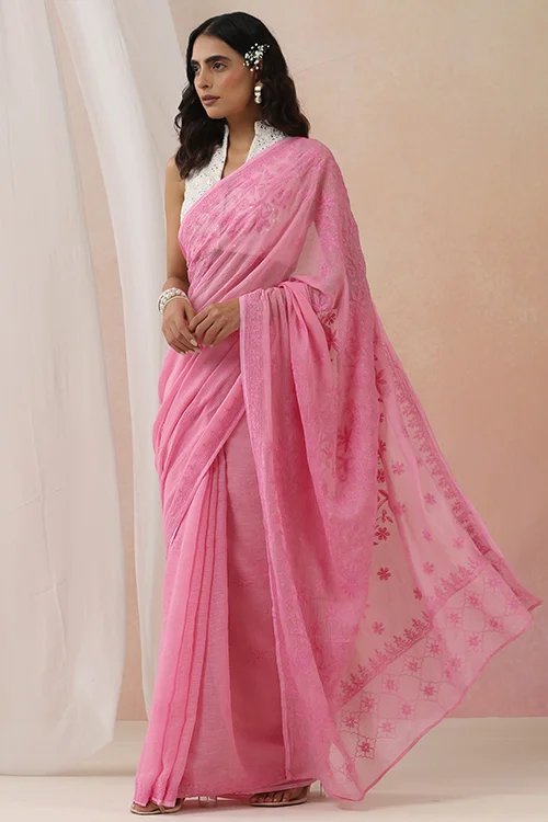 Shwet Women Hand Embroidered Pink Chikankari Kota Cotton Silk Saree - Image 2