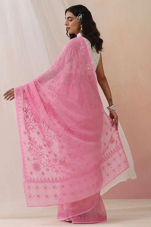 Shwet Women Hand Embroidered Pink Chikankari Kota Cotton Silk Saree - Image 5