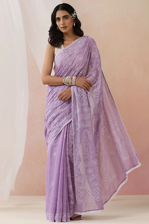 Shwet Women Hand Embroidered Purple Kota Cotton Chikankari Saree
