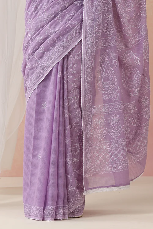 Shwet Women Hand Embroidered Purple Kota Cotton Chikankari Saree - Image 2