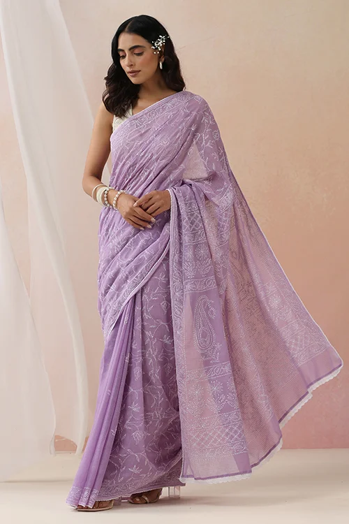 Shwet Women Hand Embroidered Purple Kota Cotton Chikankari Saree - Image 5