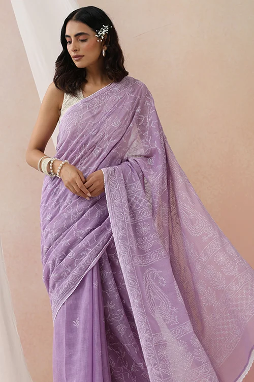 Shwet Women Hand Embroidered Purple Kota Cotton Chikankari Saree - Image 6