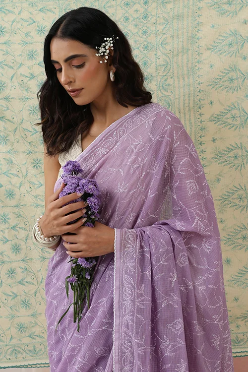 Shwet Women Hand Embroidered Purple Kota Cotton Chikankari Saree - Image 8
