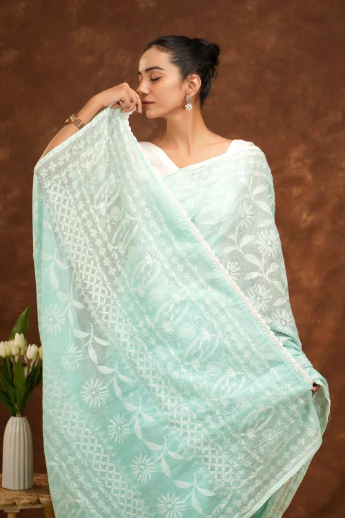 Shwet Women Hand Embroidered Sea Blue Kota Cotton Chikankari Saree - Image 4
