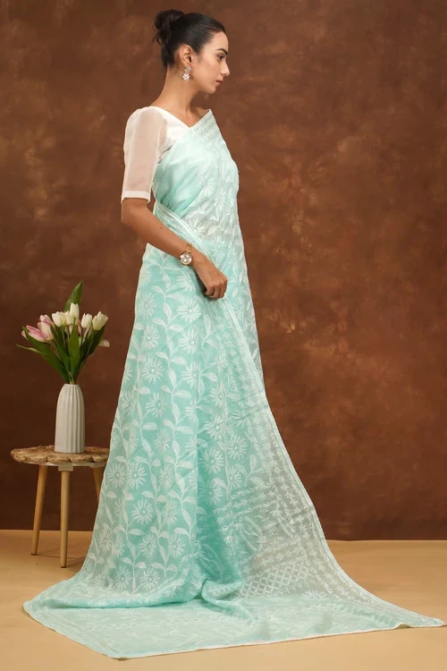 Shwet Women Hand Embroidered Sea Blue Kota Cotton Chikankari Saree - Image 5