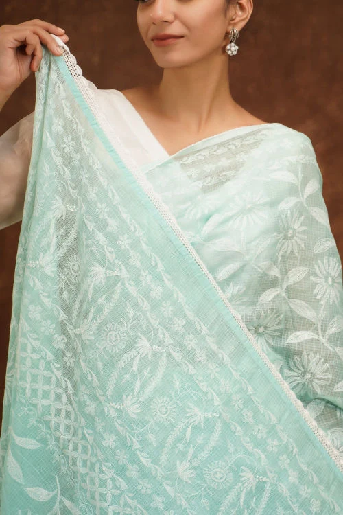 Shwet Women Hand Embroidered Sea Blue Kota Cotton Chikankari Saree - Image 6