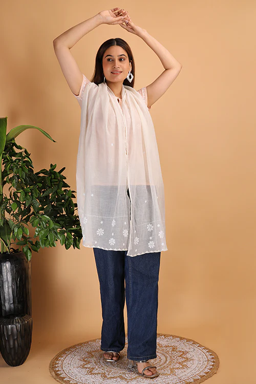 Shwet Women White stole Chikankari Chanderi Stole - Image 3