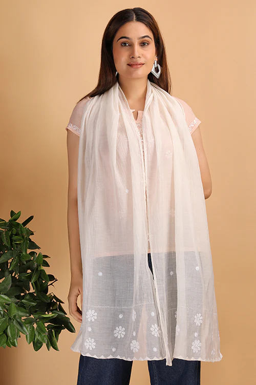 Shwet Women White stole Chikankari Chanderi Stole - Image 4