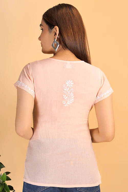 Shwet Women Peach Chikankari Cotton Short Top - Image 4