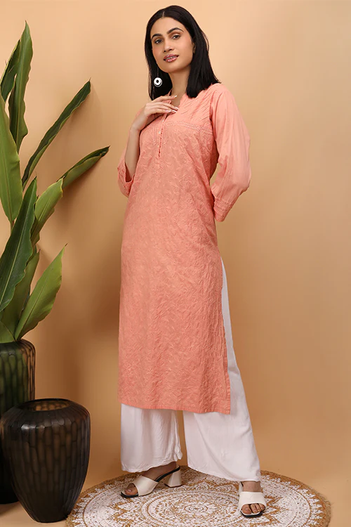 Shwet Women Peach Chikankari Kurta - 261 - Image 3