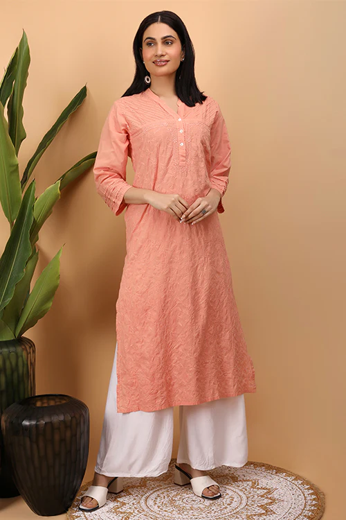 Shwet Women Peach Chikankari Kurta - 261 - Image 4
