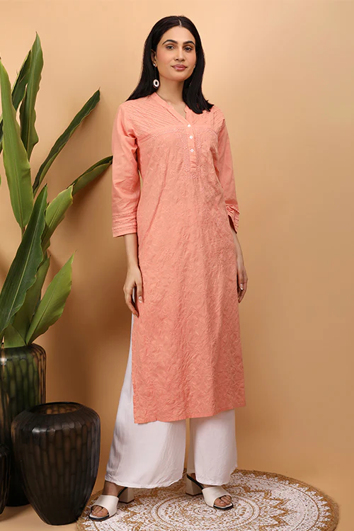 Shwet Women Peach Chikankari Kurta - 261 - Image 5