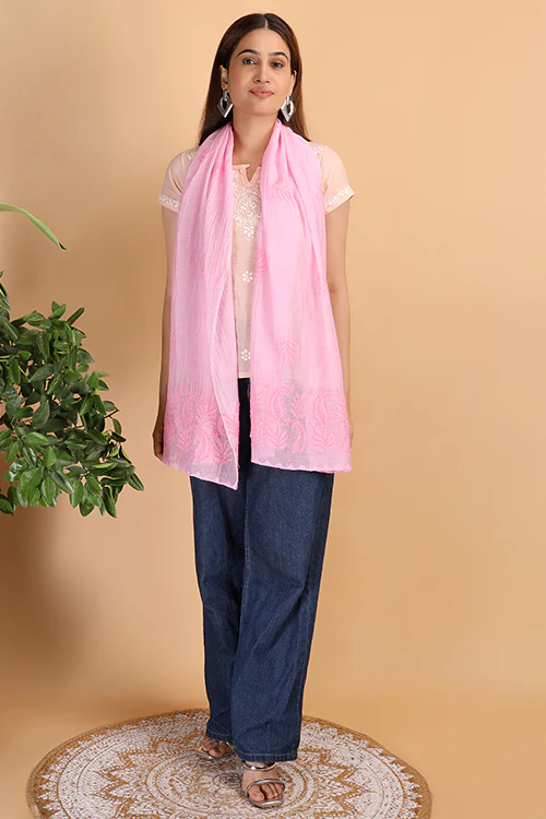 Shwet Women Pink Chikankari Chanderi Stole - Image 4