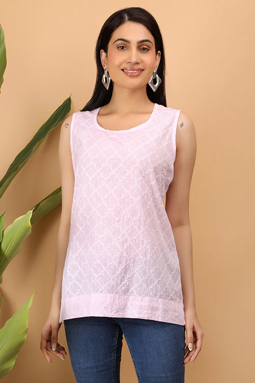 Shwet Women Pink Chikankari Sleevless Top - Image 4